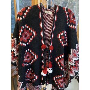 ELAN Cardigan Shawl Aztec Poms Western Red Black One Size Hippie